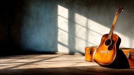 A beautifully aged acoustic guitar rests against a vintage trunk, exemplifying classic elegance and artistry, with sunlight casting soft shadows, creating a warm ambiance in the room.