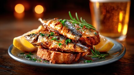 A mouth-watering plate of grilled fish accompanied by fresh lemon slices showcases a delightful culinary experience perfect for enjoying a relaxing evening with friends.