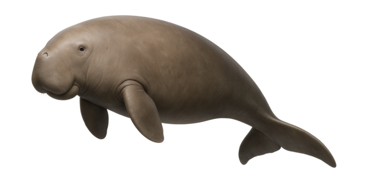Dugong featuring a rounded snout and a crescent tail fluke.