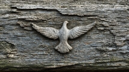 Wooden Carved Dove on a Textured Weathered Wooden Surface