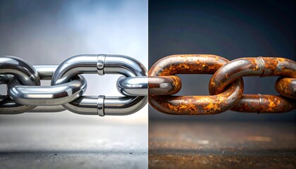 A split image presents a shiny, new metal chain contrasted against a heavily rusted, similar chain. They illustrate change
