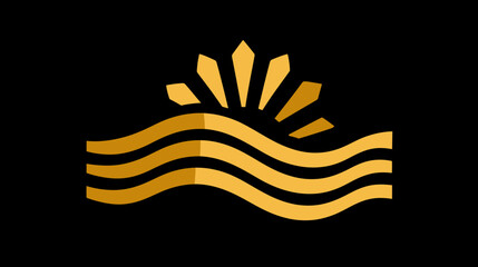 Fototapeta premium Abstract golden sun rising over calm waves icon. Minimalist graphic design element on black for nature, ocean, or dawn concepts.