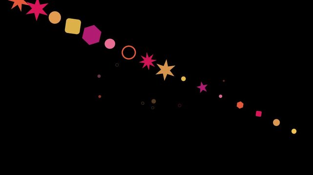 A diagonal line of colorful geometric shapes and stars on a black background