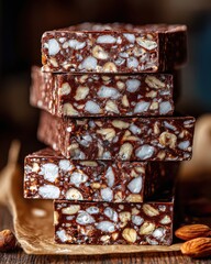 Pile of delicious chocolate nougat bars with visible nuts