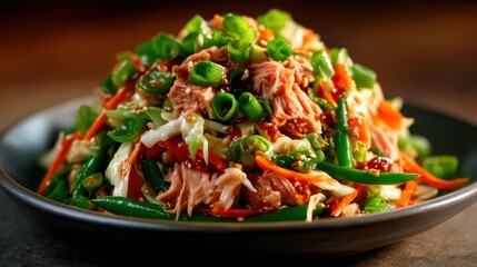 This vibrant image features a delectable mixed salad with fresh vegetables and tuna, beautifully arranged to highlight the crisp colors and textures of the ingredients.