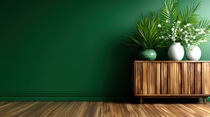 A serene indoor scene featuring a stylish wooden cabinet adorned with potted plants against a rich green wall, creating a harmonious and tranquil environment.