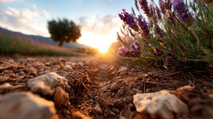 Fototapeta premium Bask in the serene beauty of lavender fields under a breathtaking sunset, capturing the essence of peace, tranquility, and nature's stunning artistry.