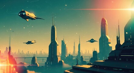 A futuristic cityscape with sleek skyscrapers and flying vehicles in a mockup setting at sunset with a vibrant, otherworldly mood.
