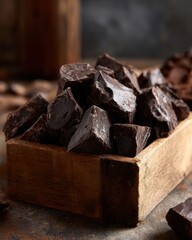 Pile of dark chocolate chunks in wooden box close up