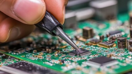 Technician using a screwdriver on an electronic circuit board
