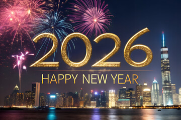 2026 Happy New Year celebration with golden text, fireworks, and New York skyline — perfect for festive greetings and city-themed campaign visuals. generative ai