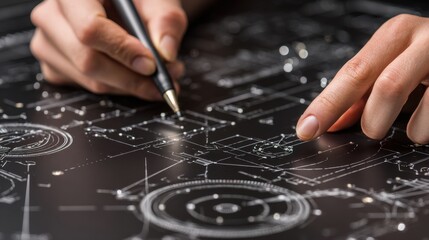 Technician using pen to examine intricate technical blueprint details