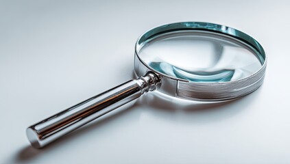 A reflective close-up shot of a chrome-handled magnifying glass resting on a white surface