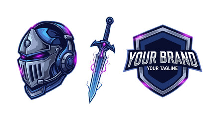 Gaming Logo Set Featuring Knight Helmet, Sword, and Shield with Futuristic Design. © Anak