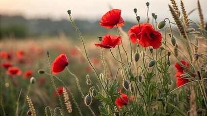 Obraz premium Field of red poppies and wheat stalks at sunset with a soft bokeh background