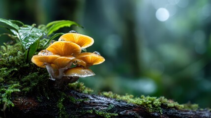A cluster of vibrant orange mushrooms emerges amidst the green foliage of a rainforest, showcasing the beauty of nature and the diversity of its ecosystems.
