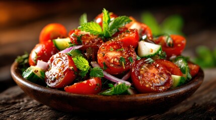 A colorful bowl of fresh tomato salad garnished with vibrant herbs presents a feast for the eyes, highlighting healthy eating and the joy of culinary creativity.