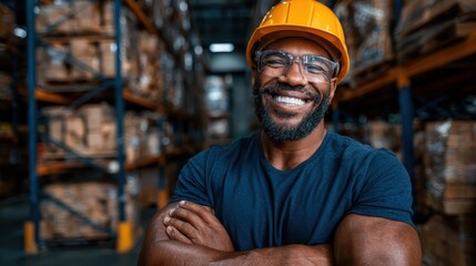 A confident man wearing a hard hat and glasses stands with crossed arms, smiling in a busy warehouse, showcasing a sense of professionalism and strength in his work environment.