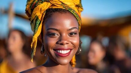 A radiant woman wearing a colorful headwrap, smiling warmly at the camera, embodying joy, culture, and the beauty of diversity in a lively outdoor environment.