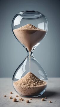Glass hourglass with fine sand flowing smoothly while the camera moves around it, symbolizing time passing, patience, and countdown in a minimal studio scene for business and productivity concepts