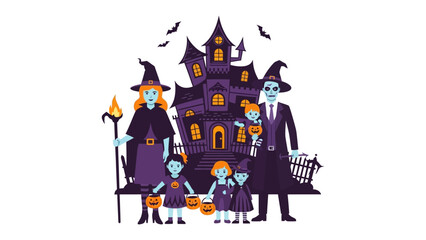 Spooky Family Gathering: A witch family stands in front of a haunted house on Halloween night, filled with pumpkins and treats. The festive illustration captures the spirit of Halloween.