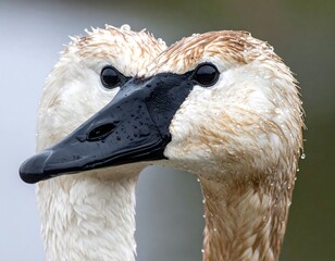 Close-up of two elegant waterfowl, showcasing black beaks and wet plumage