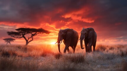 A breathtaking image of two majestic elephants silhouetted against a stunning sunset, showcasing the beauty of wildlife and the serene environment of the savannah.