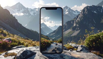 A realistic display of a smartphone with a scenic mountain range landscape, showcasing a vibrant natural scene