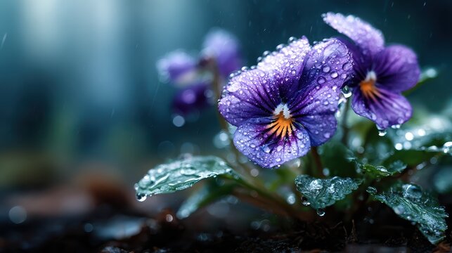 A stunning close-up of purple flowers adorned with raindrops, capturing the delicate beauty of nature in a fresh, serene environment that evokes feelings of tranquility. - Powered by Adobe