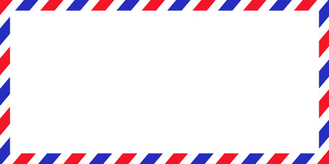 Air mail letter. Post stamp. Airmail frame postcard. Blue red stripes pattern. Mockup template envelope. Vector illustration