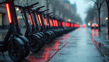 Row of black electric scooters parked on wet city street. Scooters red lights on handlebars. Street wet from rain. Trees, buildings in background. Cars drive on street. Electric scooters lined up on