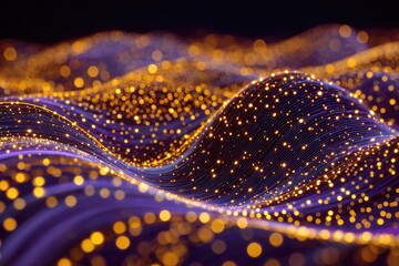 Abstract digital art showing undulating purple waves and glowing gold particles