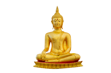 Golden Buddha statue meditating isolated on transparent background PNG file