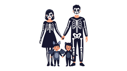 Halloween Family Portrait: A family of four, dressed in skeleton costumes and bat costumes. Standing hand in hand against a backdrop of fun and spookiness, they exude the essence of Halloween spirit.