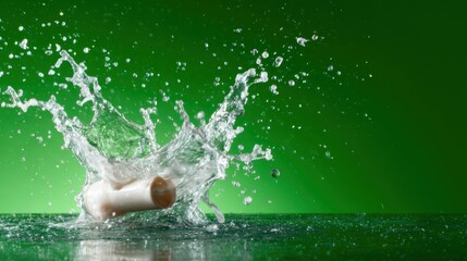 A dynamic splash of water emerges from a cylindrical object, creating a striking visual effect against a vibrant green backdrop, illustrating motion and spontaneity beautifully.