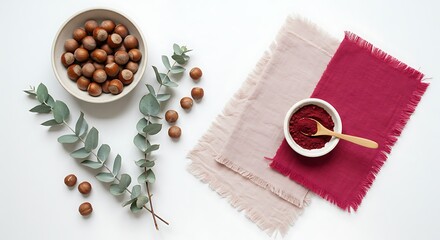 Natural dye mordant process bowl of hazelnuts with eucalyptus and berry paste on napkins