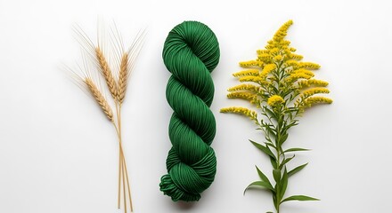 Natural dye mordant process green yarn with wheat and yellow flower isolated on white background