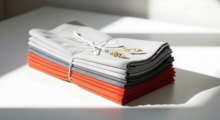 Natural dye mordant process stack of folded fabric napkins tied with twine and dried flowers