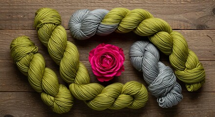 Natural dye mordant process green and grey yarn skeins arranged with a pink flower