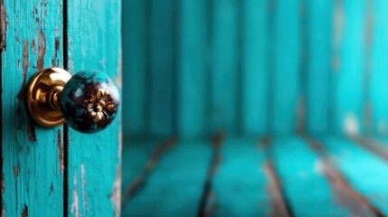 An enchanting close-up of a vintage door knob on a weathered teal wooden door, highlighting rustic charm and inviting elements that speak of history and stories untold.