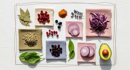 Natural dye mordant process various ingredients arranged on a white background