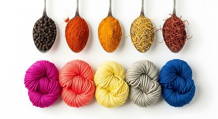 Natural dye mordant process spices and yarn in spoons and skeins isolated on white background