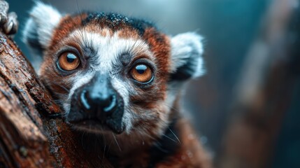 Obraz premium This striking close-up showcases a lemur with warm, expressive eyes, perched on a branch, capturing its intricate fur textures and the rich colors of its environment perfectly.