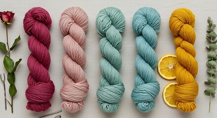 Natural dye mordant process bundles of colorful yarn with dried orange slices and rose