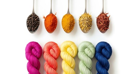 Natural dye mordant process colorful spices and yarn isolated on white background