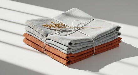 Natural dye mordant process stack of folded linen napkins in earthy tones tied with twine