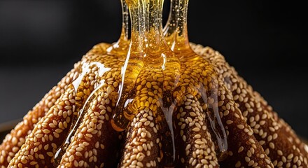 Obraz premium Golden Honey Drizzles Over Sesame Seed Cake Dessert