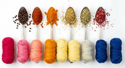 Natural dye mordant process various colorful spices in spoons isolated on white background