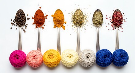 Natural dye mordant process various colorful spices on spoons isolated on white background