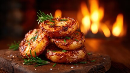 Indulge in this appetizing golden brown potato dish presented on a rustic wooden surface, capturing the warmth of home-cooked meals and the joy they bring to gatherings and celebrations.